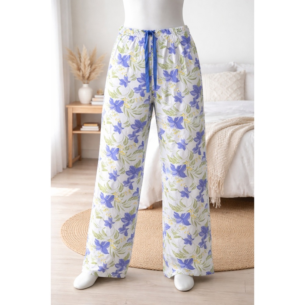 Floral Print Crop Pajama Pants Purple Green White Wide Leg Lounge 2XL Drawstring